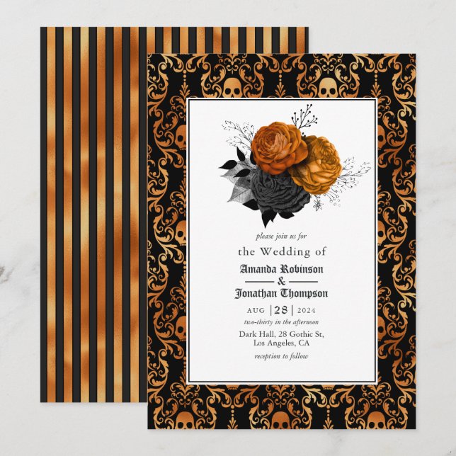 Convite Casamento Floral Gótico Preto e Laranja (Frente/Verso)