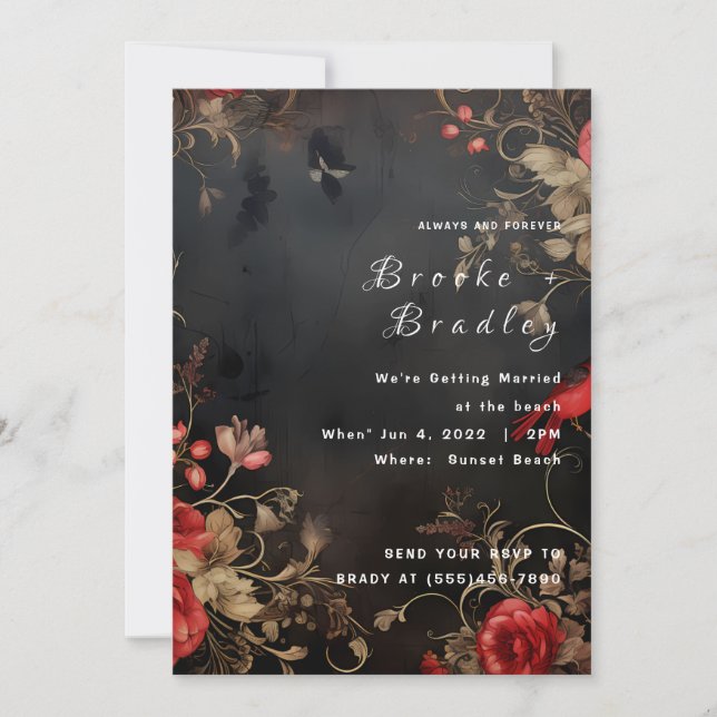 Convite Casamento Floral Gótico Preto e Vermelho (Frente)