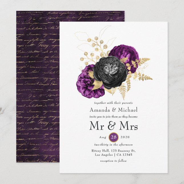 Convite Casamento Floral Gótico Preto Roxo e Dourado (Frente/Verso)