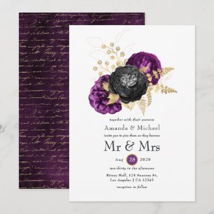 Convite Casamento Floral Gótico Preto Roxo e Dourado