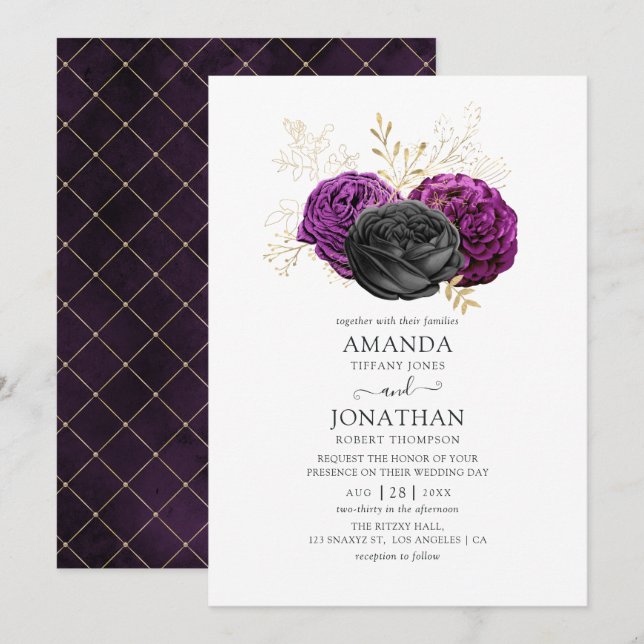 Convite Casamento Floral Gótico Preto Roxo e Dourado (Frente/Verso)