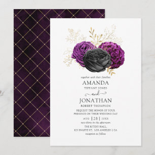 Convite Casamento Floral Gótico Preto Roxo e Dourado