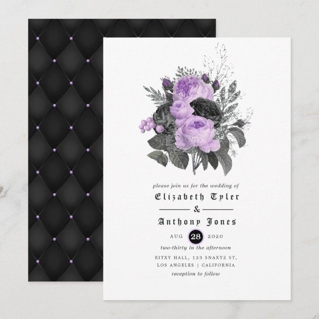 Convite Casamento Floral Gótico Preto Roxo e Prata (Frente/Verso)