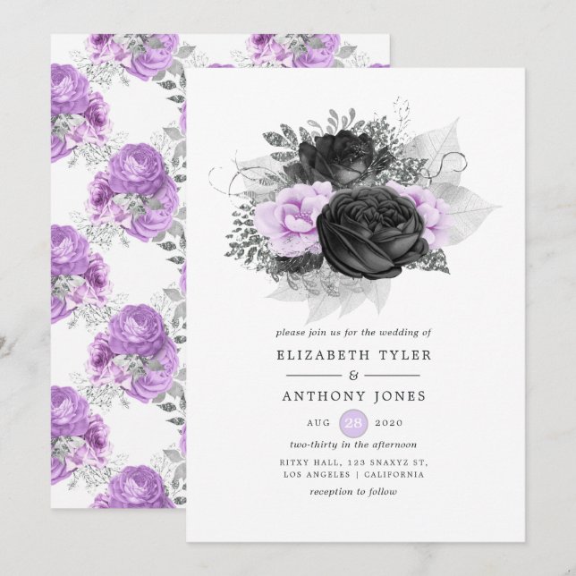Convite Casamento Floral Gótico Preto Roxo e Prata (Frente/Verso)
