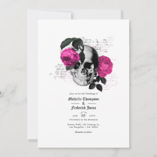 Convite Casamento Floral Gótico Rosa Quente e Azul Marinho