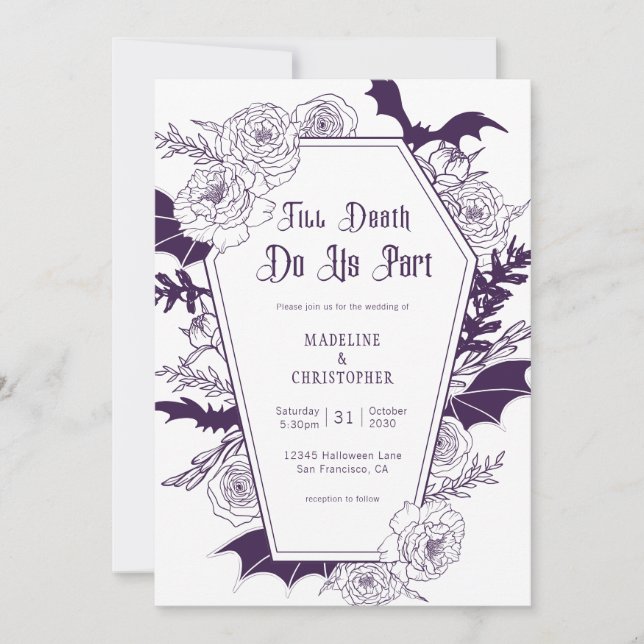 Convite Casamento Floral Gótico Roxo Elegante (Frente)