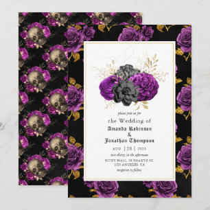 Convite Casamento Floral Gótico Roxo, Preto e Dourado