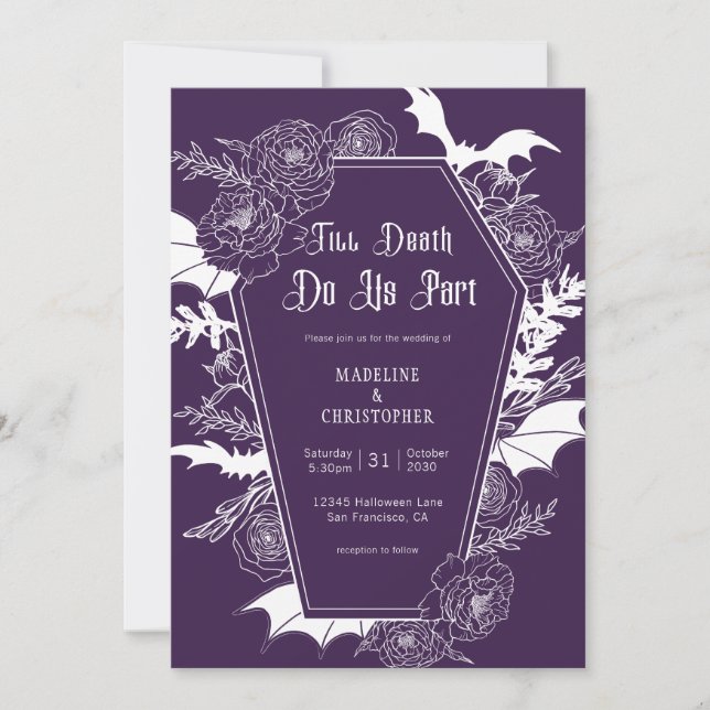 Convite Casamento Floral Gótico Roxo Sombrio (Frente)