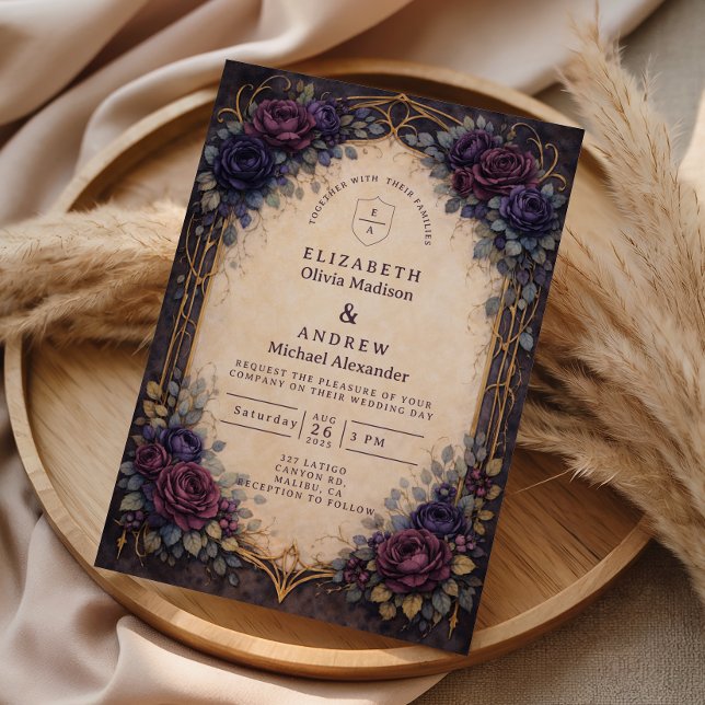 Convite Casamento Floral Gótico Roxo Temperamental (Criador carregado)