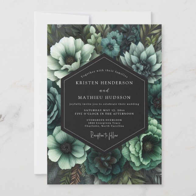 Convite Casamento Floral Gótico Verde Água (Frente)