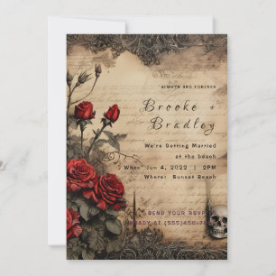 Convite Casamento Floral Gótico Vermelho Intenso e Pergami