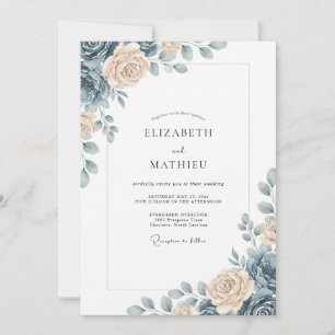 Convite Casamento Floral Gracioso Azul Empoeirado