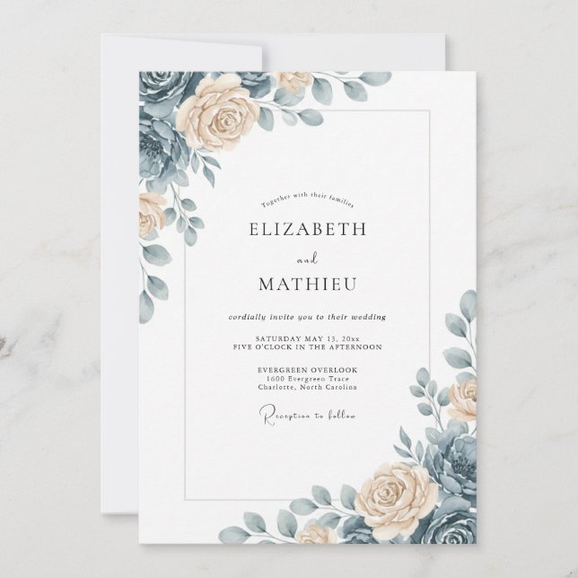 Convite Casamento Floral Gracioso Azul Empoeirado (Frente)