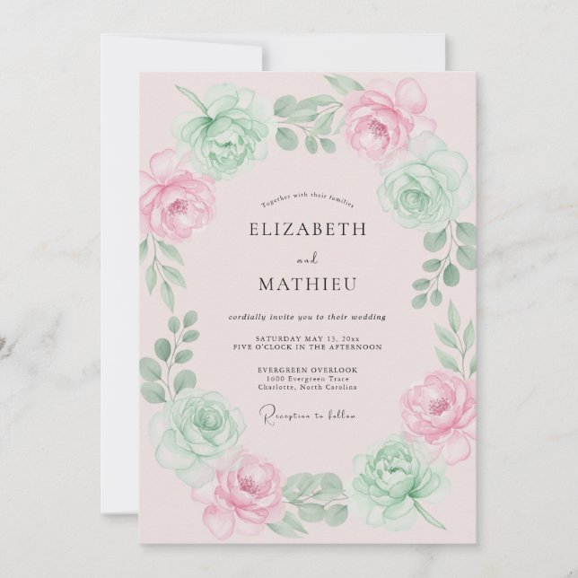 Convite Casamento Floral Gracioso com Rosa Claro e Verde M (Frente)