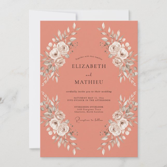 Convite Casamento Floral Gracioso Coral (Frente)