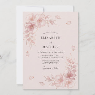 Convite Casamento Floral Gracioso Rosa Corado