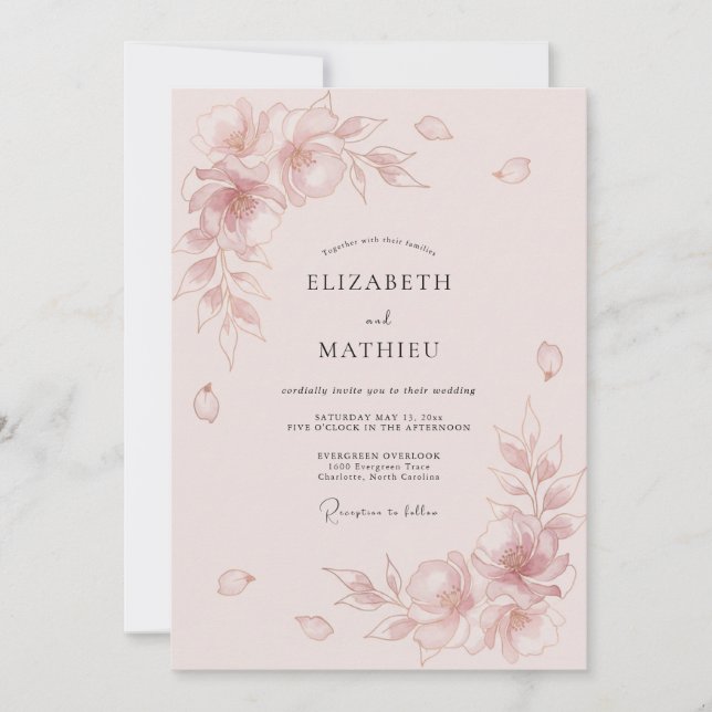 Convite Casamento Floral Gracioso Rosa Corado (Frente)
