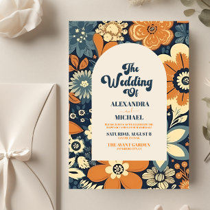 Convite Casamento Floral Groovy Retro Moderno dos Anos 70