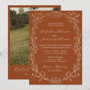 Convite Casamento Floral Herbáceo Boho de Terracota Laranj