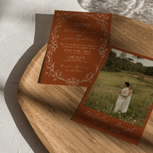 Convite Casamento Floral Herbáceo Boho de Terracota Laranj