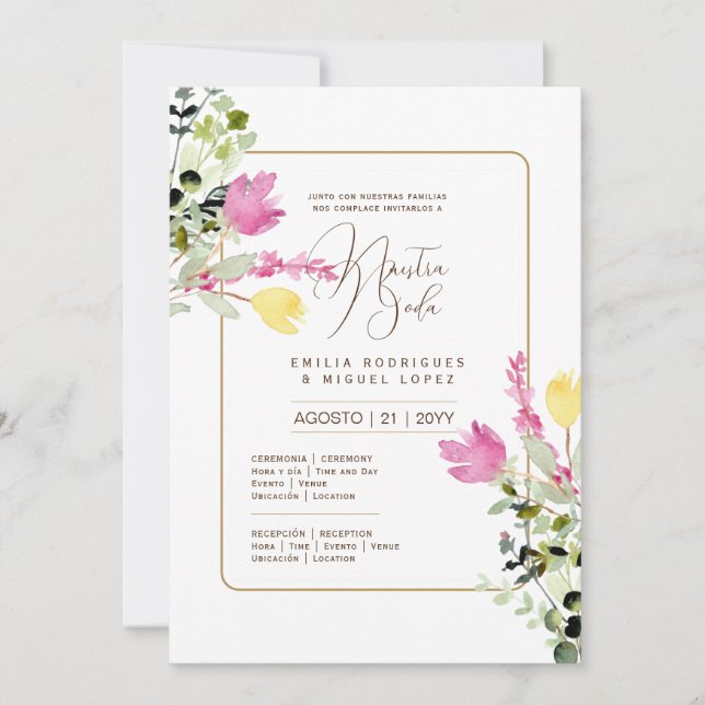 Convite Casamento Floral I da Espanol Invitación de Boda S (Frente)