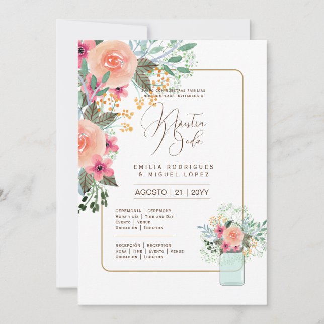 Convite Casamento Floral I da Espanol Invitación de Boda S (Frente)
