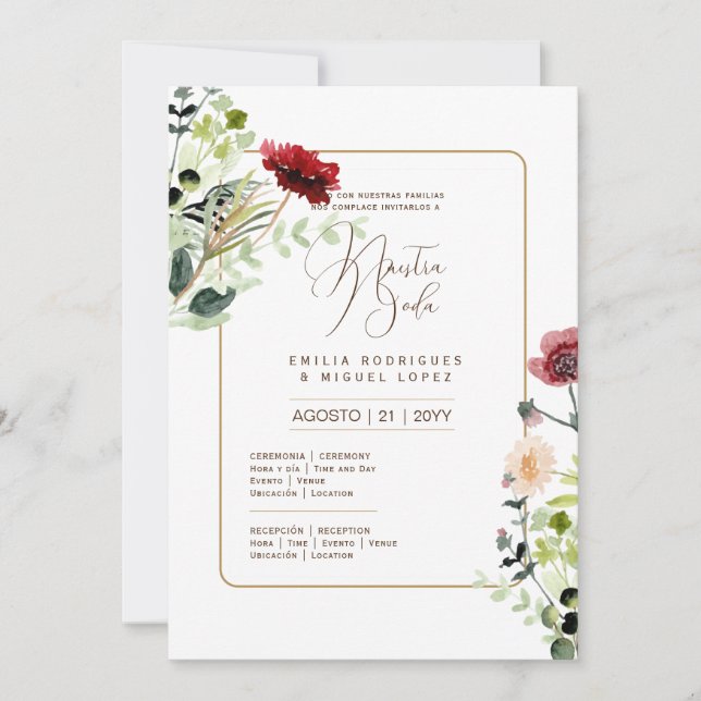 Convite Casamento Floral I da Espanol Invitación de Boda S (Frente)