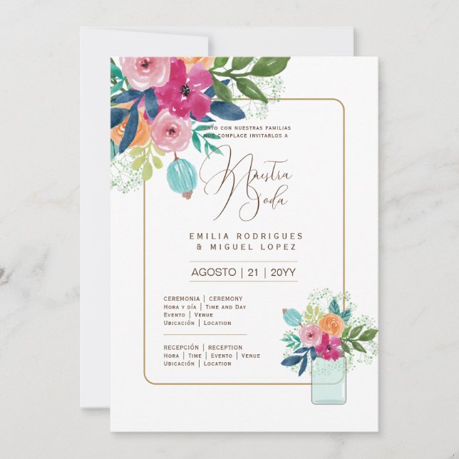 Convite Casamento Floral I da Espanol Invitación de Boda S (Frente)
