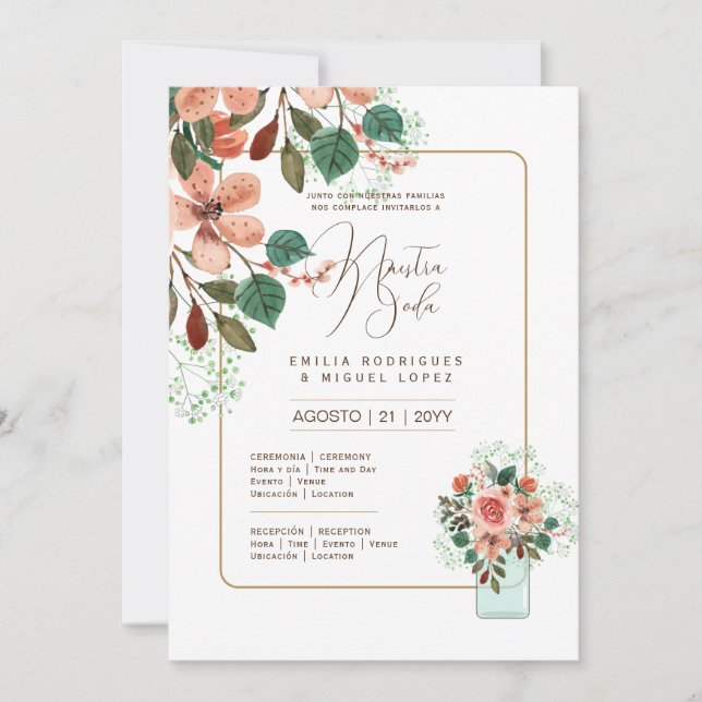 Convite Casamento Floral I da Espanol Invitación de Boda S (Frente)