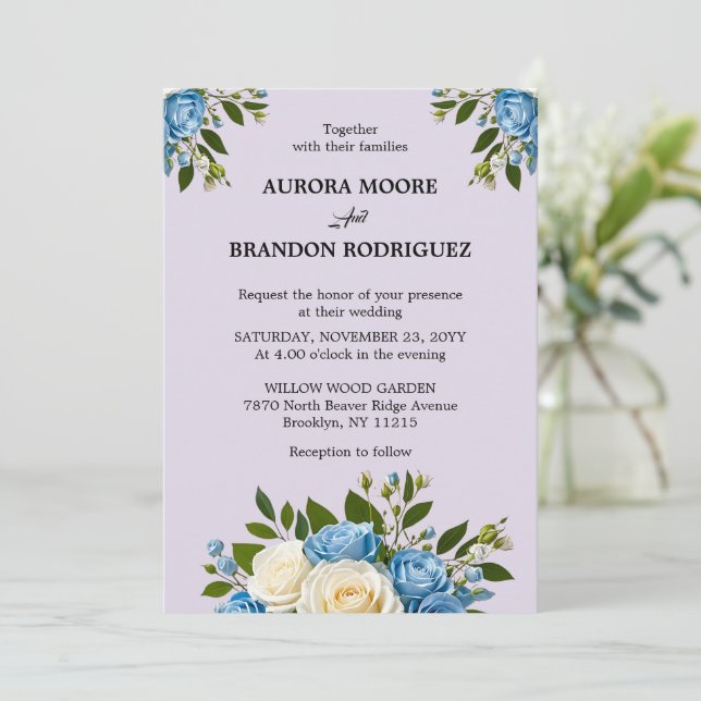 Convite Casamento Floral I de Azul e de Marfim Personaliza (Em pé/Frente)