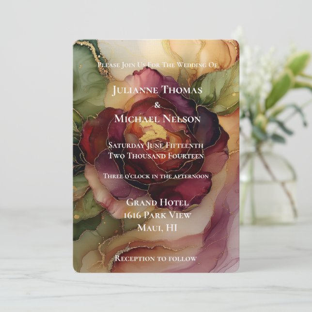 Convite Casamento Floral II, Rosa Dourado Vermelho Burgund (Em pé/Frente)