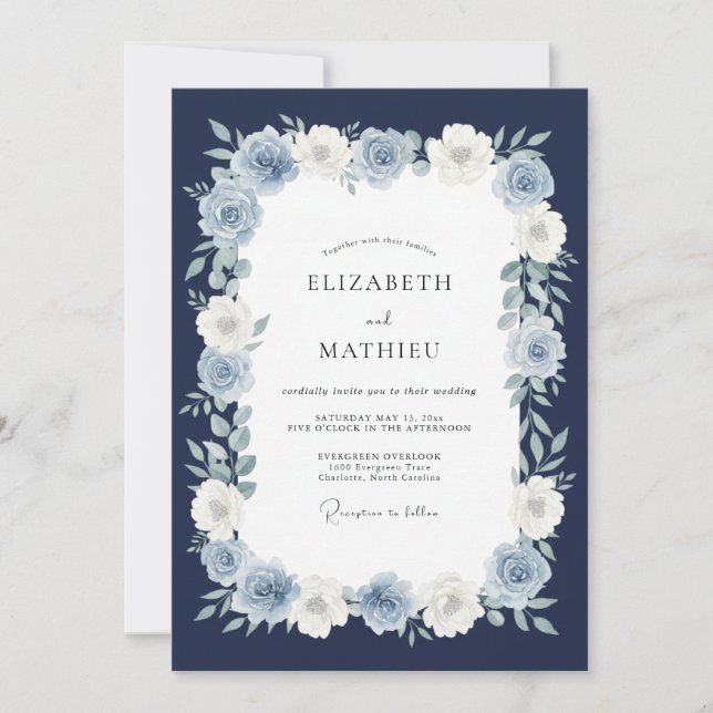 Convite Casamento Floral Imponente Azul Marinho (Frente)