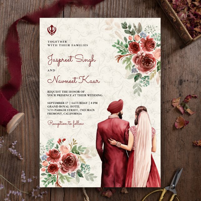 Convite Casamento Floral Indiano Punjabi Sikh, Rosas Burgu (Criador carregado)
