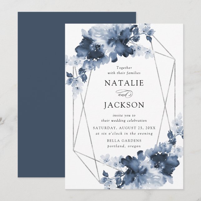 Convite Casamento Floral Índigo Abstrato | Quadro Geométri (Frente/Verso)