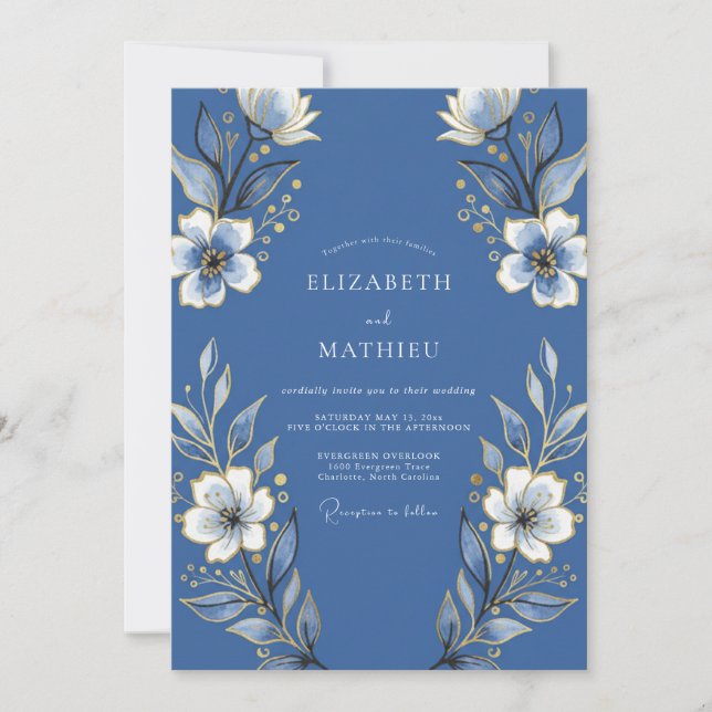 Convite Casamento Floral Indigo em Flor (Frente)