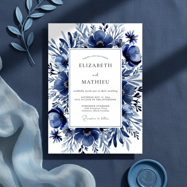 Convite Casamento Floral Índigo Pintado à Mão (Criador carregado)