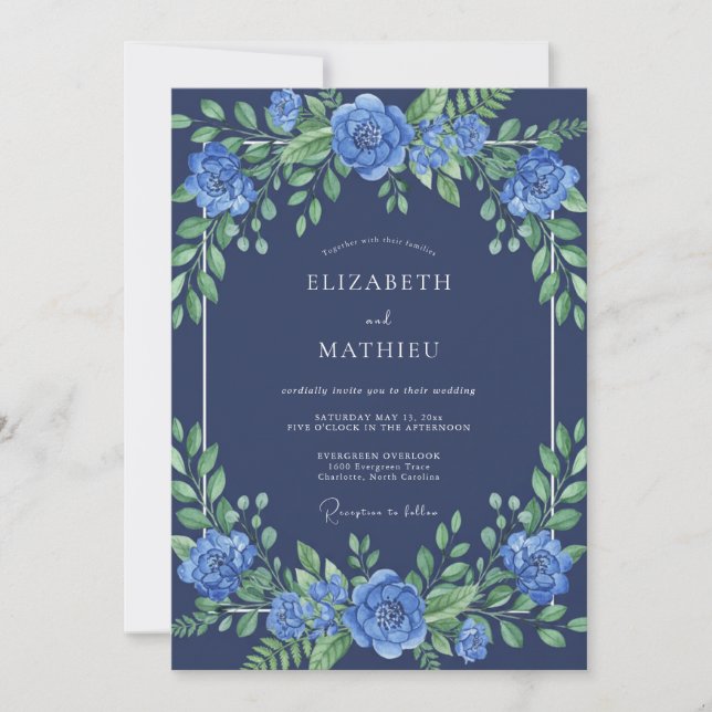 Convite Casamento Floral Índigo Vibrante (Frente)