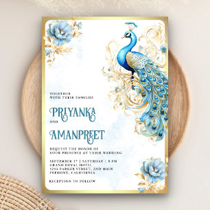 Convite Casamento Floral Índio Azul Pastel Dourado Pavão