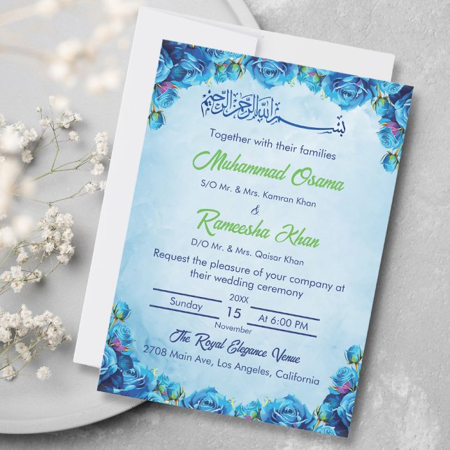 Convite Casamento Floral Islâmico Elegante Azul e Verde (Criador carregado)
