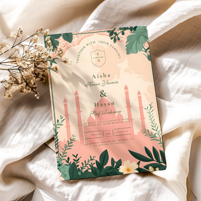 Convite Casamento Floral Islâmico Elegante Fronteiriço (Criador carregado)