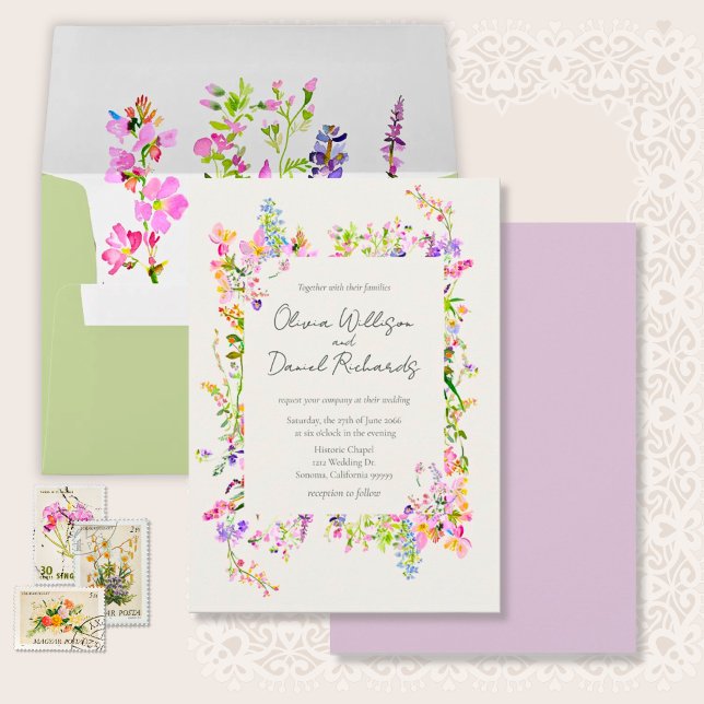 Convite Casamento Floral Jardim Romântico (Garden Wildflowers Watercolor Wedding Invitation Suite.)
