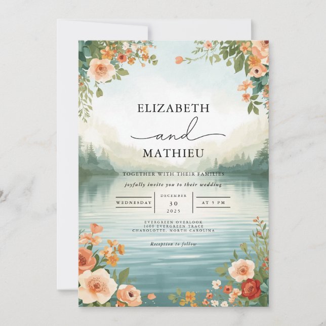 Convite Casamento Floral Lakeside De Pêssego Suave (Frente)