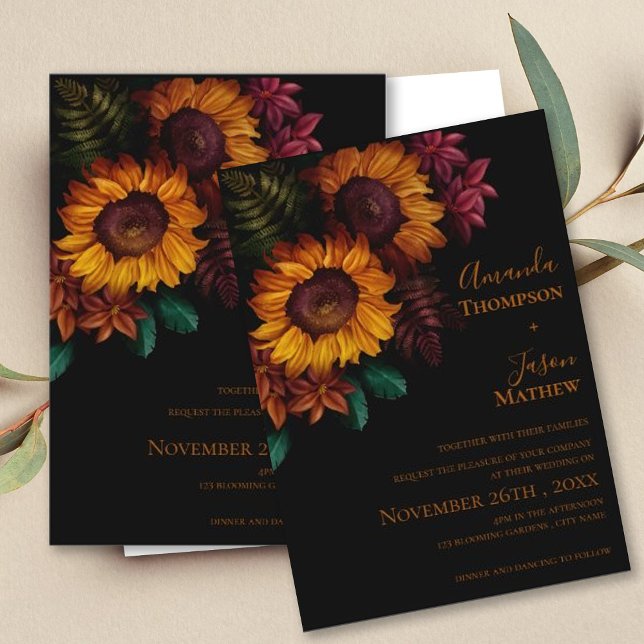 Convite Casamento Floral Laranja Arrejado Moderno e Vibran (Modern Vibrant Black Burnt Orange Floral Wedding Invitation)