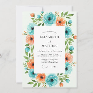 Convite Casamento Floral Laranja Azul