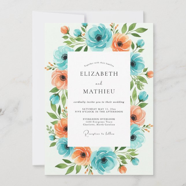 Convite Casamento Floral Laranja Azul (Frente)