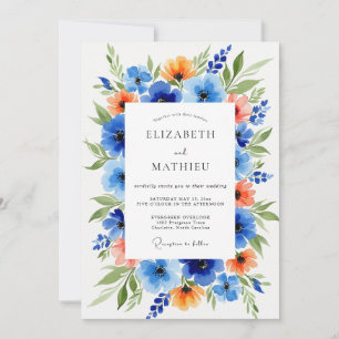 Convite Casamento Floral Laranja Azul