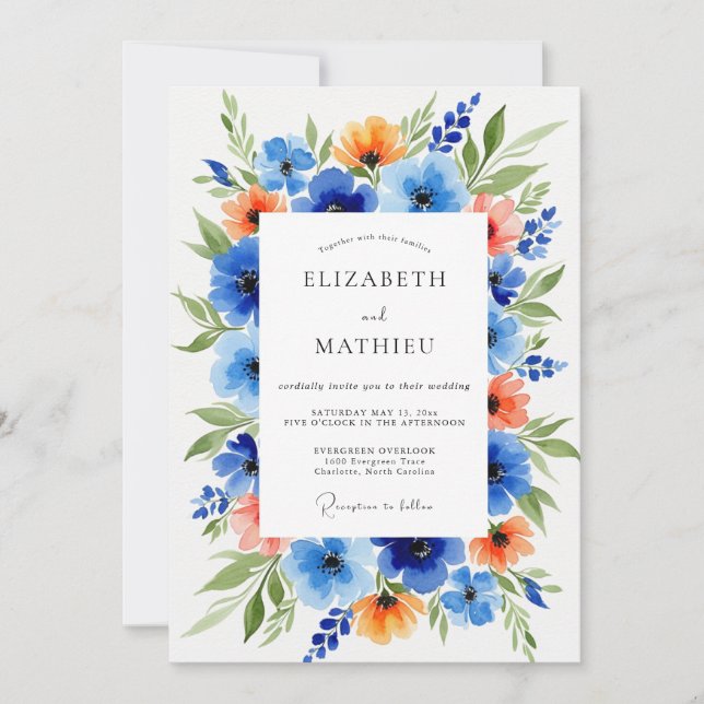 Convite Casamento Floral Laranja Azul (Frente)
