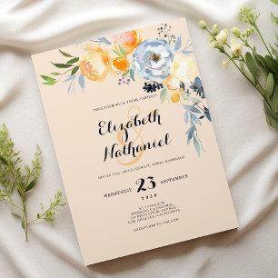 Convite Casamento floral laranja azul marfim country chic