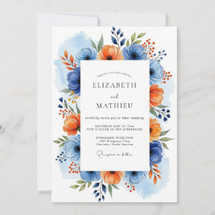 Convite Casamento Floral Laranja Azul na Primavera