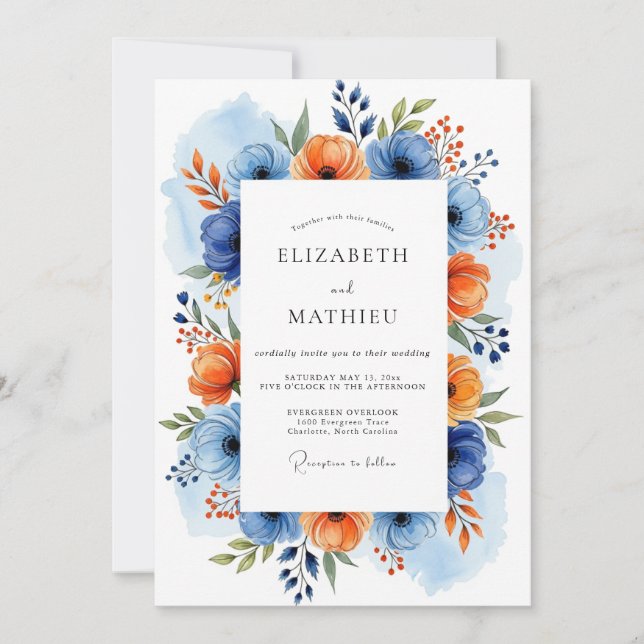 Convite Casamento Floral Laranja Azul na Primavera (Frente)